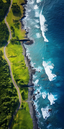 the ocean next to the path is captured in the style of aerial photography, showcasing lush scenery in navy and green hues. the multicolored landscapes are beautifully portrayed in this environmental portraiture, taken with a sony fe 85mm f1.4 gm lens by lorenz hideyoshi. ai generatedの素材