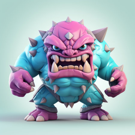 an ectoplasmic monster with spikes, featuring blue and purple skin, is depicted in this photo. the monster is set against a matte background, with ambient occlusion and softbox lighting creating a dramatic effect. the color palette includes dark pink and white, enhancing the monster's appearance. the monster's strong facial expression and detailed miniatures add to the overall cartoony character of the image. ai generatedの素材