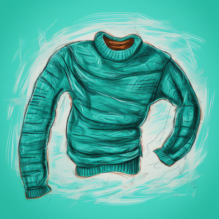 sweater sketch on a vibrant turquoise background, drawn in a bright hand-drawn style. this sketch showcases intricate details and textures of a cozy sweater, set against a striking turquoise backdrop. ideal for fashion enthusiasts and design lovers looking for unique, artistic illustrations of clothing items. ai generatedの素材