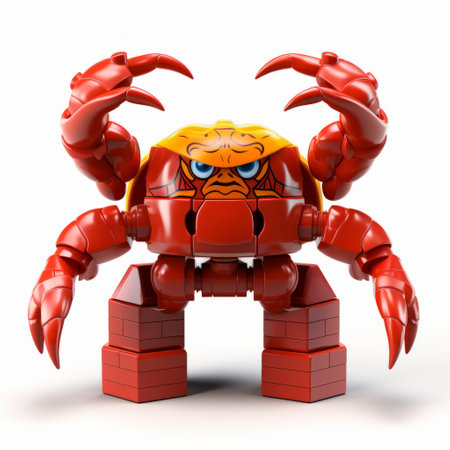 a large, red lego brick spider with aggressive digital illustration style, detailed character expressions, and influences from shang dynasty, dutch marine scenes, cartoonish character design, and a fish-eye lens. this unique creation combines elements of ancient art, modern illustration, and whimsical design to create a captivating and visually striking image. ai generatedの素材