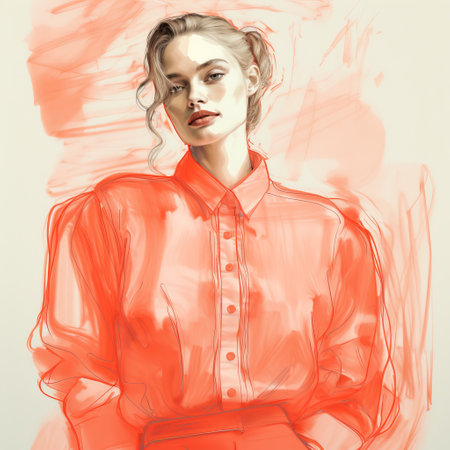 blouse sketch with a coral hand-drawn style against a bright coral background. this fashion illustration captures the essence of a stylish top in a vibrant and artistic manner. the coral color theme adds a pop of freshness and creativity to the sketch. ai generatedの素材