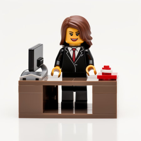 a female lego administrative assistant figure standing on a white isolated background. this unique toy figurine showcases gender diversity in professional roles, making it a great addition to any lego collection or office-themed display. perfect for role-playing scenarios or as a fun desk accessory. ai generatedの素材