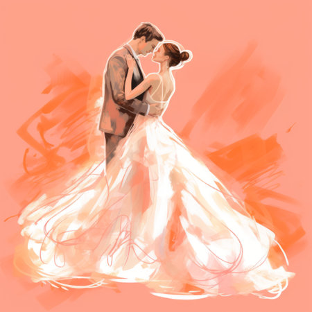 a wedding sketch displayed against a vibrant coral background, featuring bright coral hues and created in a hand sketch style capturing the full body. the artwork showcases intricate details and highlights the essence of a wedding ceremony in a unique and lively manner. ai generatedの素材