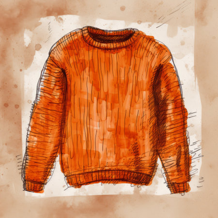 sweater sketch on a rust background in bright hand-drawn style. the sketch captures the intricate details of the garment against the warm, earthy backdrop, creating a visually striking contrast. the use of the color rust is prominent, adding depth and character to the overall composition. ai generatedの素材