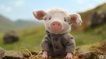 tundra features a felt stop-motion pig captured in 4k resolution. the scene showcases a shallow depth of field with a backdrop of hemp, resulting in a visually striking image with low saturation that enhances the unique charm of the subject. ai generatedの素材