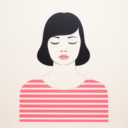 a girl with her eyes closed is captured in this minimalist portrait, isolated on a white background. the style of the painting resembles striped patterns, reminiscent of artists like paul corfield, miwa komatsu, and henry moore. the use of pink and crimson hues adds a touch of femininity to the image, enhancing its delicate and artistic sensibilities. ai generatedの素材