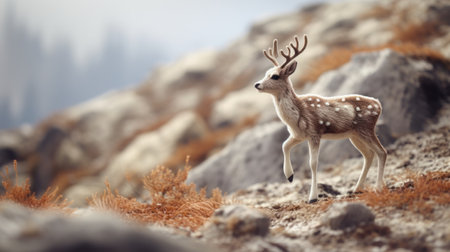 tundra landscape with a felt stop-motion deer in 4k quality. featuring a shallow depth of field, the scene captures the essence of hemp with low saturation, creating a serene and unique visual experience. ai generatedの素材