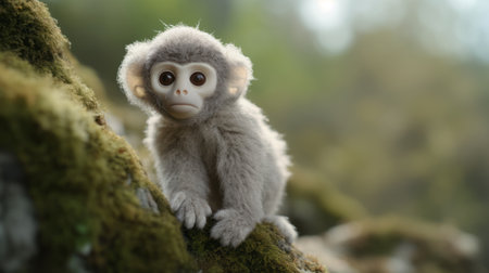 tundra, the felt stop-motion monkey, captured in stunning 4k resolution. the image features a shallow depth of field, with a hemp background enhancing the low saturation color tones. ai generatedの素材