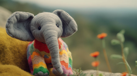 tundra: a felt stop-motion elephant captured in 4k resolution, showcasing a shallow depth of field effect. the image features a backdrop of hemp with low saturation, creating a unique and visually appealing aesthetic. ai generatedの素材