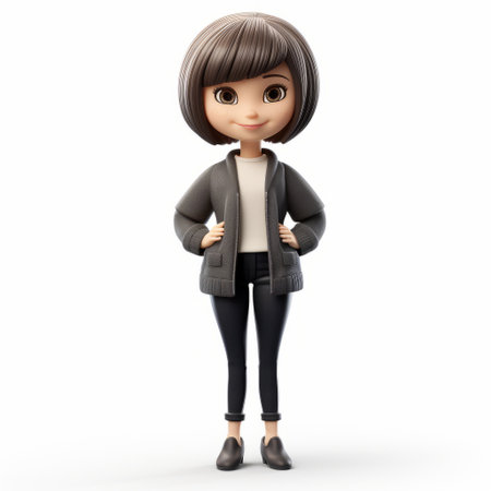 the cartoon figurine of a female character features a short bob hairstyle. the detailed full-body illustration stands against a clean white background, highlighting the simplicity and charm of the design. ai generatedの素材
