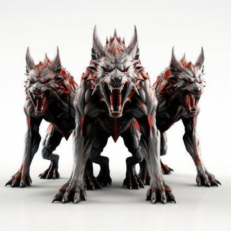 three futuristic fantasy wolves with red and black skins are depicted in this 20-megapixel image by james paick. the extruded design and intense movement expression give the wolves a dynamic appearance. set against a white background, these wolves embody a manticore-like essence. ai generatedの素材