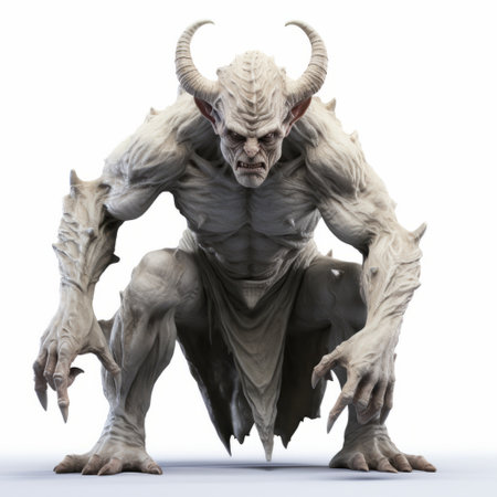a black fantasy monster with horns is depicted in a dignified pose, kneeling down. created in the style of light beige and white, this eerie creature showcases strong facial expressions. the artwork, made using zbrush, exhibits xbox 360 graphics, combining all of the above elements to create a captivating and otherworldly image. ai generatedの素材