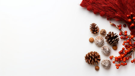 st. nicholas day gift decoration featuring fall-themed elements, set on a solid white background with ample copy space. flat lay composition captured from a top view, showcasing the festive and autumn-inspired arrangement. ai generatedの素材