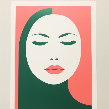 a vibrant digital print featuring a female face painted in green, blue, and pink hues. the bold and expressive style of paul catherall, dau al set, aminollah rezaei, and richard phillips is evident in this artwork. set against a white background, the contrasting colors of light red and dark green create a visually striking composition. ai generatedの素材