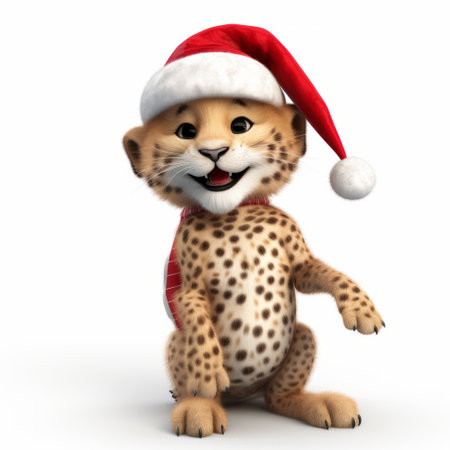 a cheetah wearing a santa hat and showcasing a red nose in a 3d rendering on a white background. this unique and festive illustration combines the elegance of the cheetah with a touch of holiday spirit, making it a striking and playful image perfect for seasonal projects or themed content. ai generatedの素材