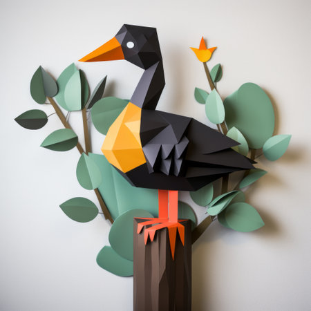 duck polygon paper craft perched on tree branch against wall. geometric duck design adds modern touch to art. simple yet eye-catching craft project for all ages. showcase creativity with polygonal duck art piece. ideal for home decor or kids' room embellishment. craft duck on branch with ease and style. ai generatedの素材