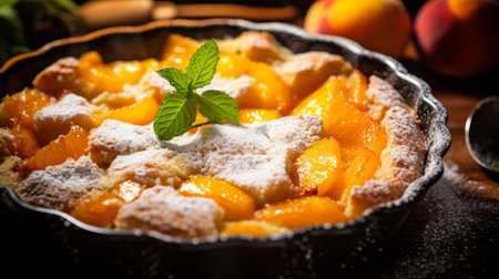 peach cobbler topped with a sprinkle of powdered sugar, glowing under a gorgeous backlight, accentuating its deliciously caramelized flavors. delicious dessert captured in stunning light, showcasing the sweetness of this classic treat. ai generatedの素材