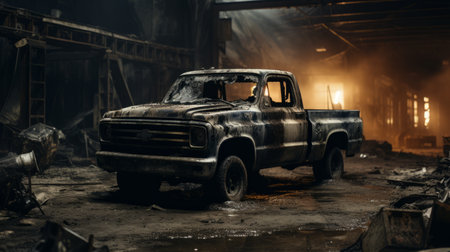 abandoned pickup truck in a burnt warehouse, close-up shot capturing a cinematic and dark atmosphere. the scene depicts a moody and mysterious setting with the burnt ruins adding a sense of desolation and intrigue. a haunting visual of an abandoned vehicle within the remnants of a fire-stricken warehouse. ai generatedの素材