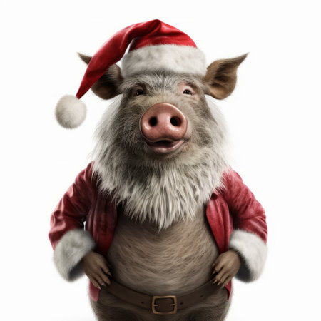 a boar with a red nose and a santa hat is featured in this 3d rendering and illustration. the image showcases the festive spirit with a unique twist, set against a crisp white background, making it an eye-catching addition to holiday-themed content. ai generatedの素材