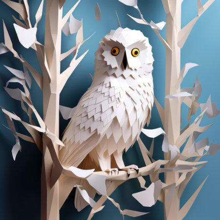 snowy owl paper craft featuring a polygon design perched on a tree branch, set against a wall. this simple yet captivating craft captures the majestic beauty of the owl. crafted with precision and detail, this stunning piece adds a touch of nature to any setting. owl, paper craft, polygon design, tree branch, wall. ai generatedの素材