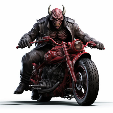a 3d demon perched menacingly on a motorcycle for an eerie and captivating image. this full-body depiction shows intricate details on the demon and the motorcycle, creating a striking visual impact. the isolated white background enhances the focus on the demon and motorcycle for a powerful and intense composition. ai generatedの素材