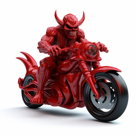 devil on motorcycle isolated on white background. 3d devil figure sitting on a motorbike, full-body view. evil character riding a bike, detailed rendering of devil biker. red devil on a white bike in 3d. motorcycle with devil figure in 3d design, isolated image. ai generatedの素材