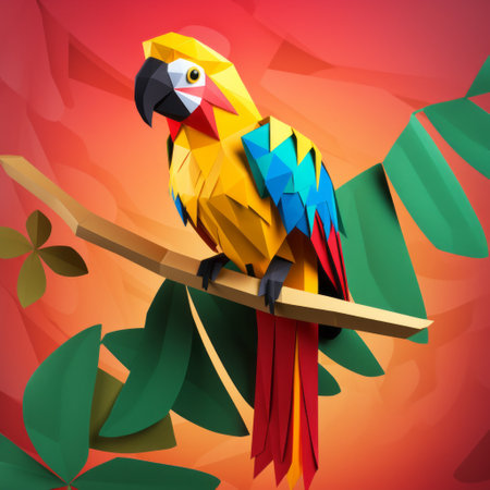 parrot paper craft featuring a polygon design perched on a tree branch. the vibrant colors pop against the wall backdrop, creating a striking visual impact. crafted with precision and simplicity, this eye-catching piece is perfect for adding a touch of nature to any space. ai generatedの素材