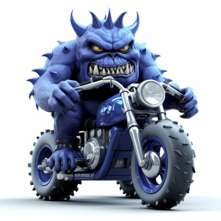a 3d monster, sitting atop a motorcycle, is depicted in this photo against a plain white background. the detailed representation of the creature and the bike creates a visually striking image. the monster appears to be in a sitting position, showcasing the intricate design of its full body. ai generatedの素材