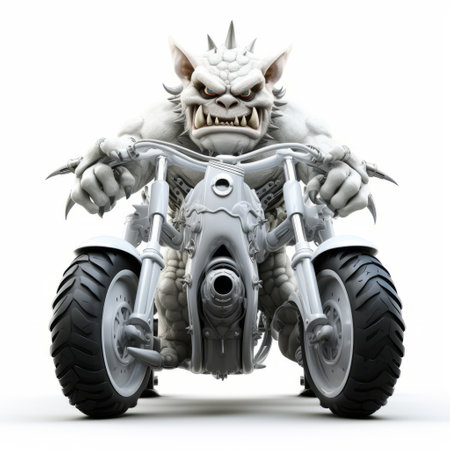 monster character riding a bike in 3d isolated on white background. full body shot of the creature on a motorcycle. unique design with intricate details, perfect for fantasy and animation themes. ai generatedの素材