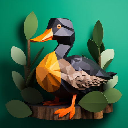 mallard duck paper craft: a polygon-designed mallard duck perched on a tree branch against a wall. simple yet eye-catching, this paper craft is a delightful addition to your decor. the intricate details and vibrant colors make this diy project a fun and creative experience. ai generatedの素材