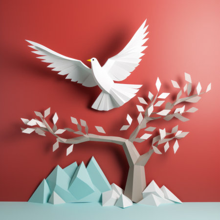 paper craft dove with a polygonal design perched on a tree branch against a wall, featuring intricate geometric shapes. the simple yet eye-catching design adds a modern touch to the traditional craft, showcasing meticulous detail and creativity. ai generatedの素材