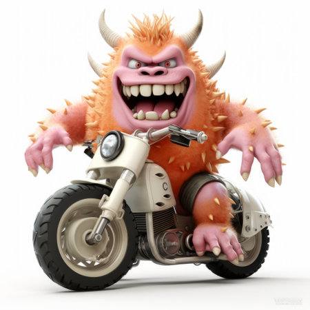 a 3d monster is depicted sitting on a motorcycle in this isolated image against a white backdrop. the detailed and immersive illustration captures the monster's full body as it rests confidently on the bike. ideal for graphic design projects or themed visual content. ai generatedの素材