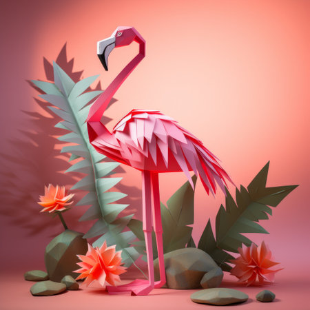this stunning paper craft features a beautiful polygon flamingo perched on a tree branch against a wall. the design is both simple and eye-catching, perfect for adding a unique touch to any room. create your own flamingo using the easy-to-follow instructions and enjoy the beauty of this elegant bird in your space. ai generatedの素材