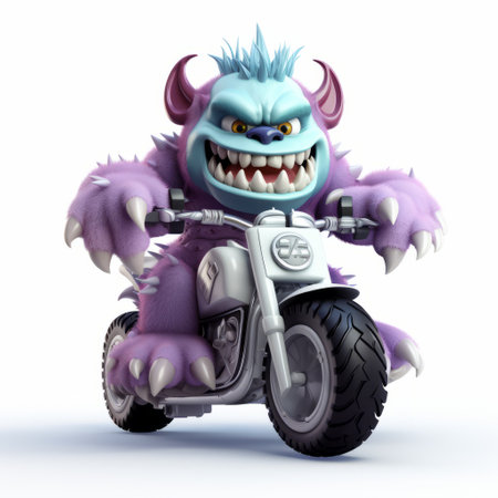a 3d monster is sitting on a motorcycle in this full-body image, isolated on a white background. the detailed creature strikes a unique pose on the bike, making it a striking and eye-catching visual. perfect for projects or designs related to monsters, motorcycles, or 3d art. ai generatedの素材