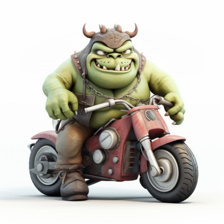 3d monster sitting on motorcycle isolated on white background, full body. ferocious creature with sharp teeth and claws, wearing a leather jacket, red eyes glowing, symbolizing power and strength. detailed realistic rendering of a monster on a bike, perfect for halloween or fantasy-themed designs. ai generatedの素材