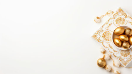 eid ul-fitr gift decoration featuring flat lay and top view on a solid white background with ample copy space. the fall-themed arrangement includes various items, providing a festive touch. perfect for showcasing presents and adding a celebratory vibe to any project or design. ai generatedの素材