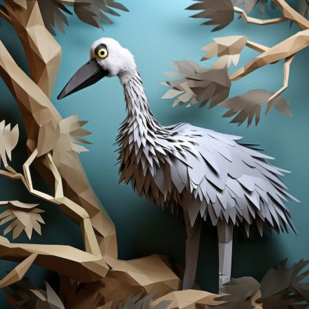 emu paper craft featuring a geometric polygon design, perched delicately on a tree branch against a wall. this minimalist yet captivating creation captures the essence of nature through intricate folds and angles. perfect for origami enthusiasts seeking a unique and visually appealing project to showcase their skills. ai generatedの素材
