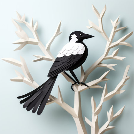 magpie paper craft featuring a geometric polygon design perched gracefully on a tree branch. this striking art piece adds a modern touch to any space. handcrafted with intricate details, this unique creation brings nature indoors with a contemporary twist. ideal for bird lovers and art enthusiasts alike. ai generatedの素材