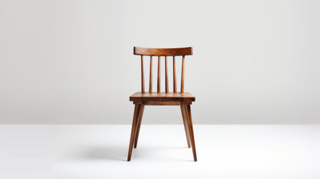 the dining chair by west elm is pictured in front of a blank white wall, showcasing its sleek and modern design. this stylish piece of furniture adds a touch of elegance to any dining room or study. get inspired by this chic west elm chair for your home decor. ai generatedの素材