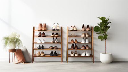 shoe rack by west elm standing in front of a blank white wall. the modern design of the shoe rack complements the minimalist aesthetic of the space, offering a stylish and functional storage solution for footwear. this sleek furniture piece combines form and function seamlessly, making it a perfect addition to any contemporary interior. ai generatedの素材