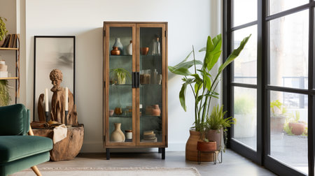 curio cabinet by west elm stands elegantly in front of a clean white wall. the modern design showcases intricate details and ample storage space. add sophistication and functionality to your space with this stylish furniture piece. ideal for displaying cherished items while enhancing interior decor. ai generatedの素材