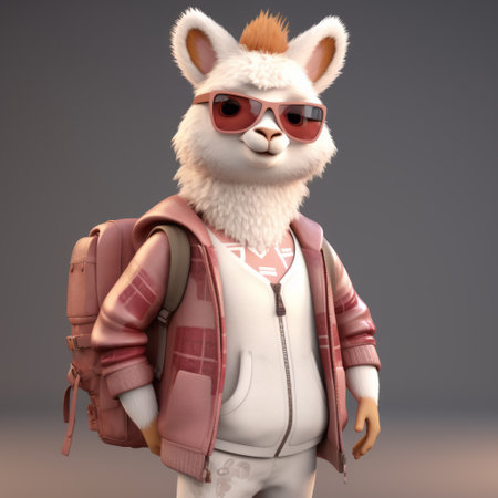 a 3d cartoon alpaca is wearing trendy urban attire, exuding charm and cuteness. displaying a unique blend of urban style and adorable alpaca character, this creation is sure to captivate with its fashionable outfit and endearing appearance. ai generatedの素材