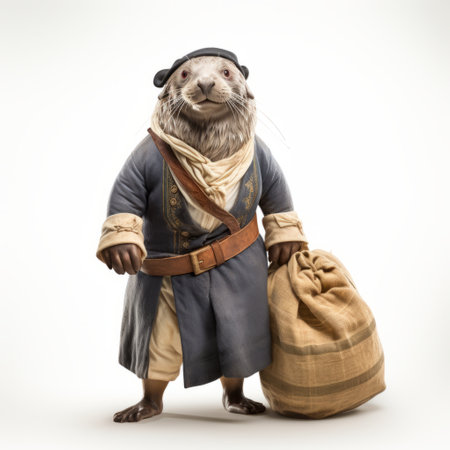 seal wearing traditional bavarian clothing stands on white background with a potato sack in front. adorable seal in traditional attire, cute seal costume, funny animal outfit, bavarian seal, white background, potato sack on floor, dressed up seal, quirky animal dress-up, playful seal costume, charming german attire. ai generatedの素材