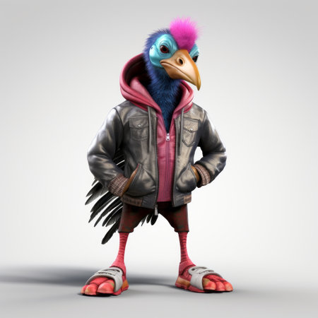 a 3d cartoon cassowary is featured wearing urban clothes, appearing incredibly adorable. this playful illustration merges the charm of a cassowary with urban fashion, creating a unique and captivating character design. the cute cartoon bird stands out in its trendy attire, showcasing a blend of nature and contemporary style. ai generatedの素材