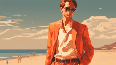 edward stands on the beach, dressed in bright orange attire. the image captures a realistic and hyper-detailed rendering of this sleek and stylized scene, featuring light maroon and brown tones. the illustration has a chic aesthetic reminiscent of the 1990s, perfect for those looking for a poolcore vibe. this uhd image showcases a unique and vibrant visual experience. ai generatedの素材