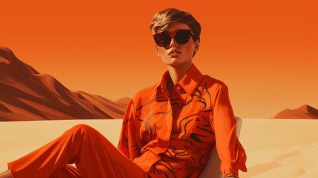 frank stands out on the beach in an orange ensemble. the realistic and hyper-detailed rendering of this sleek and stylized image showcases chic illustrations in light maroon and brown tones. this uhd image captures a poolcore aesthetic reminiscent of the 1990s. ai generatedの素材