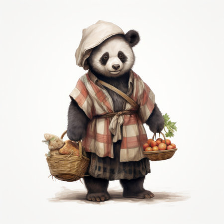 panda bear in bavarian outfit poses on white background with potato sack. cute panda in bavarian garb stands next to potato sack. panda bear dressed in traditional bavarian attire on white backdrop beside potato sack. panda bear in bavarian costume with potato sack in foreground. ai generatedの素材