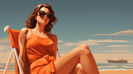 eric lounging on an orange beach towel, captured in a realistic and hyper-detailed digital rendering. the sleek and stylized illustration features a color palette of light maroon and brown, embodying a chic 1990s aesthetic. this high-definition image falls under the poolcore style, offering a unique and visually captivating portrayal of beach relaxation. ai generatedの素材