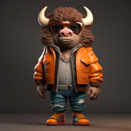 a 3d cartoon bison in stylish urban attire, exuding cuteness. this digitally rendered character combines the majestic presence of a bison with a trendy urban fashion sense, creating a unique and adorable visual experience. a perfect blend of wildlife and modern style, this design is sure to capture attention. ai generatedの素材