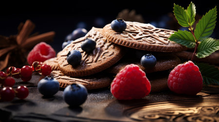 gingerbread cookies with a golden crust and fresh berries are showcased in ultra-sharp, super-realistic high-end photography. these delicious treats look irresistible and are perfect for holiday baking, christmas dessert, or festive gatherings. the vibrant colors and intricate details truly bring out the beauty of these delectable cookies. ai generatedの素材